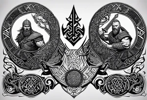 Viking theme in a half circle going from under the pectoral muscle to the hip. like Baldur from God of War 4. Stippling shading and runes. tattoo idea