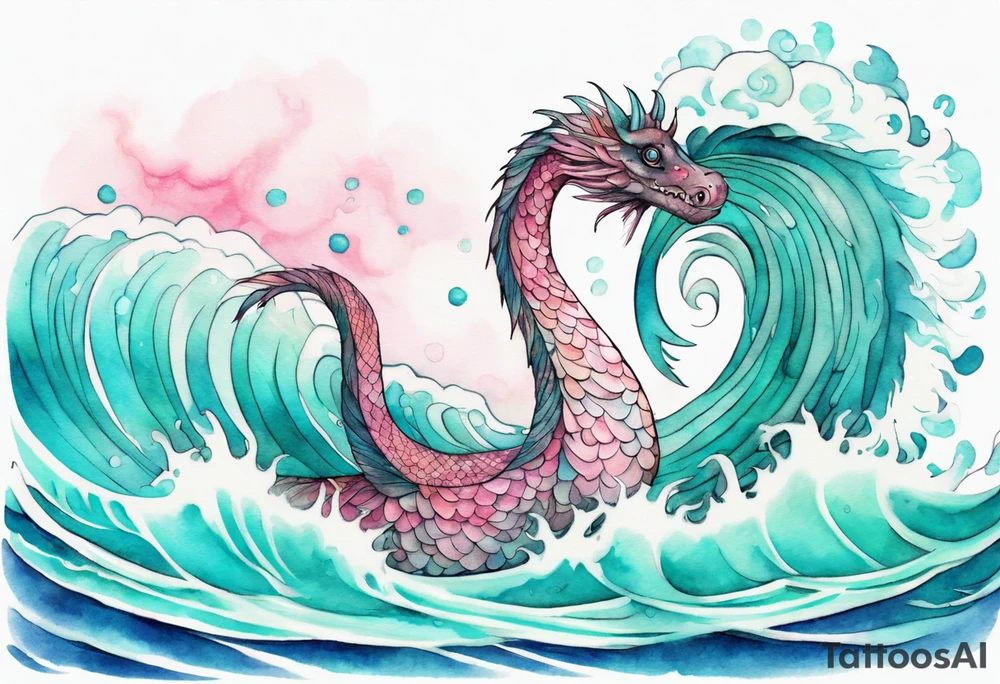 a beautiful feathered Nessie with turquoise and pink scales emerging from the waves tattoo idea