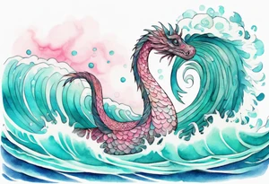 a beautiful feathered Nessie with turquoise and pink scales emerging from the waves tattoo idea