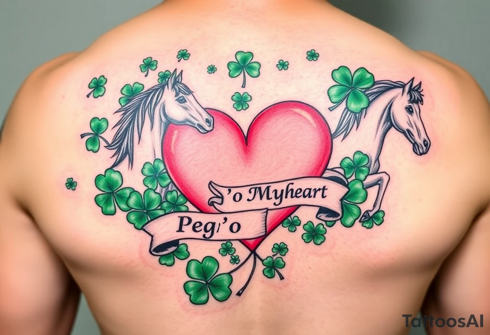 A lot of green shamrocks & horses with a big Pink heart and a banner across the heart that says Peg 'o My Heart tattoo idea