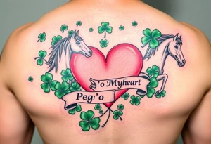 A lot of green shamrocks & horses with a big Pink heart and a banner across the heart that says Peg 'o My Heart tattoo idea