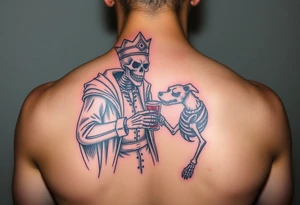 evil skeleton king in clothes having a good time getting drunk with skeleton dog tattoo idea