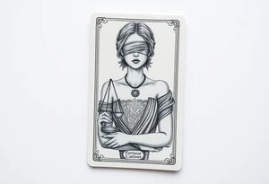 Fortuna's card as a beautiful woman with eyes covered with material, holds a scale in her hands. This character have to be in a card/frame. Do this woman without named tattoo idea