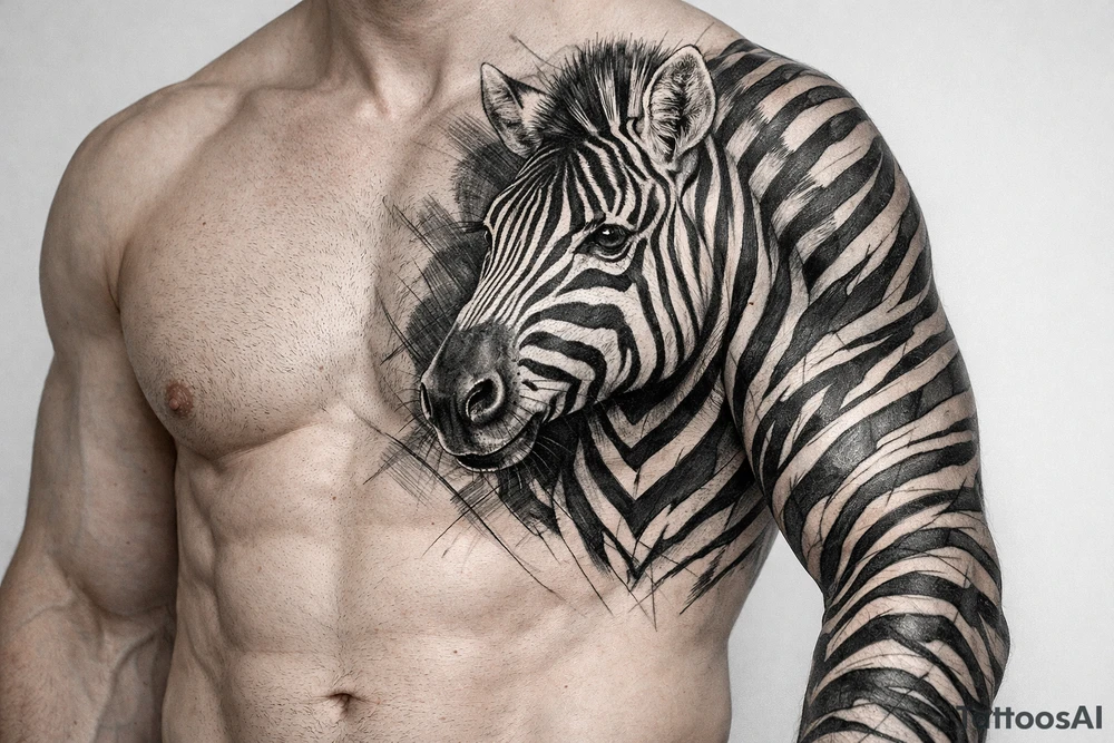 Close-up, detailed zebra head portrait on the chest, with hyperrealistic stripes wrapping onto the shoulder and bicep. tattoo idea