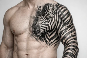 Close-up, detailed zebra head portrait on the chest, with hyperrealistic stripes wrapping onto the shoulder and bicep. tattoo idea