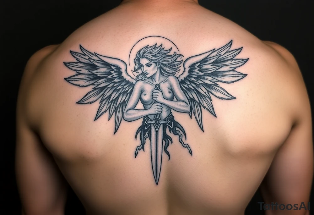 Fierce Female Angel warrior with dagger and lighting bolts going around body Greek mythology style with dark shading tattoo idea