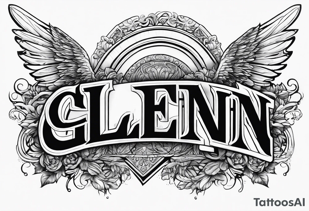 The word Glenn on a banner with angel Wings tattoo idea