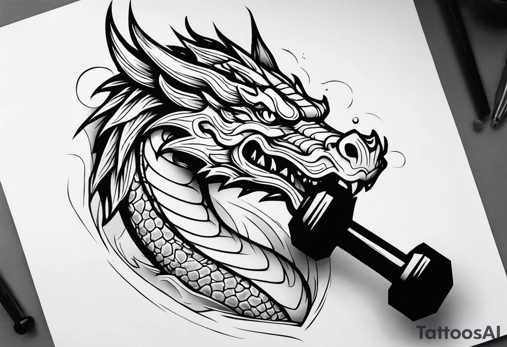 Simple Dragon with dumbbell in mouth tattoo idea