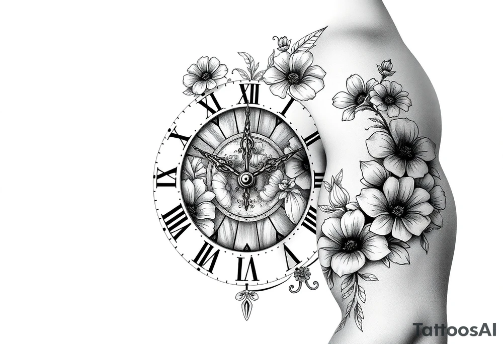 vintage roman numerals within ornate clockwork mechanism, with name spaces, flowers tattoo idea
