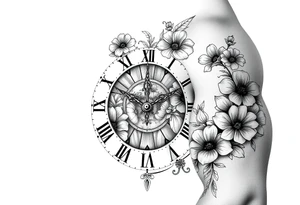 vintage roman numerals within ornate clockwork mechanism, with name spaces, flowers tattoo idea