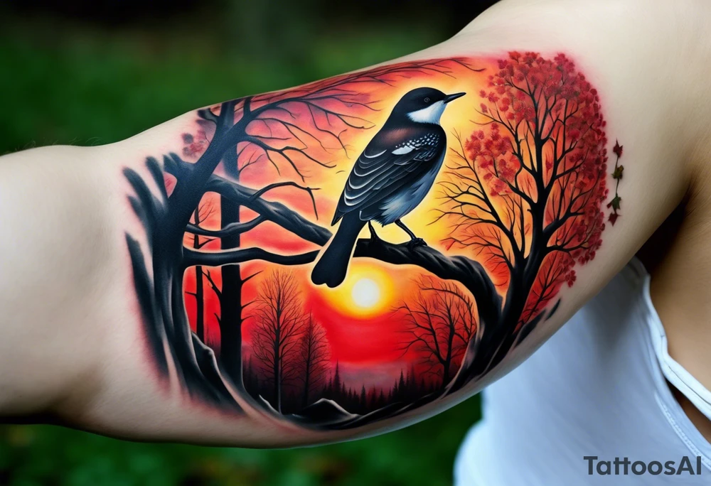 Arm tattoo. Long tattoo. Full sleeve. Shoulder. A single large maple tree with red autumn leaves that branches upwards from wrist to shoulder. White-throated dipper bird on the trees branches. Calluna flowers at the base of the trees stem. Tree stem has dark colors. Red/yellow sunset behind the trees stem. Leaves falling. tattoo idea