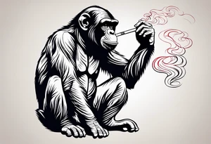 Chimpanzee smoking a cigarette, full body, red hues tattoo idea