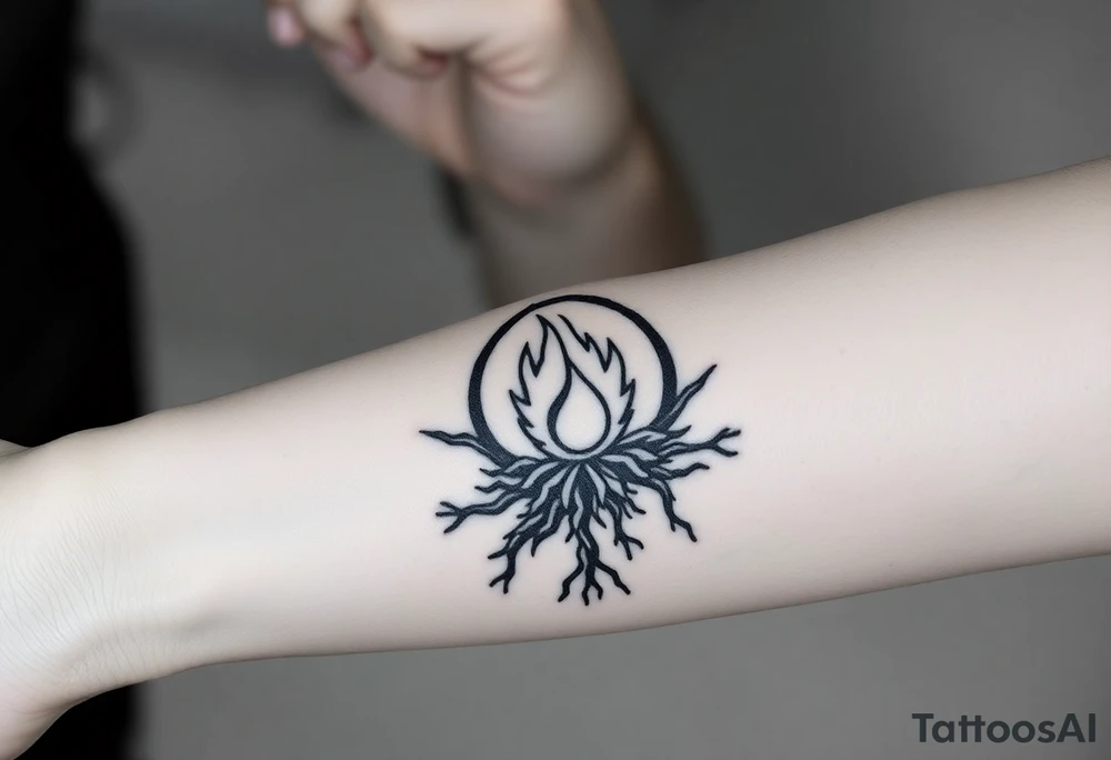 a round flame imprisoned in a roots circle tattoo idea