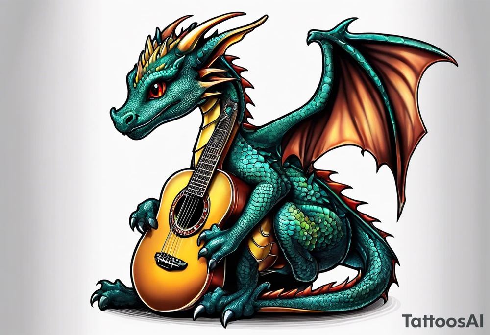 baby dragon with guitar tattoo idea