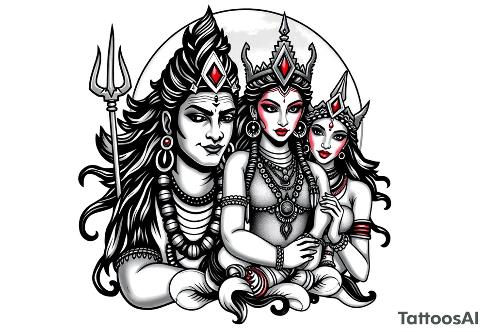 Lord Shiva, Godess Kali, Godess Lilith Together with the moon in the background tattoo idea