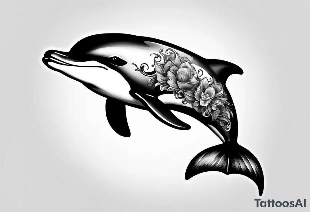 One dolphin wearing one party hat on top . Side view. Dolphin should be smiling. tattoo idea