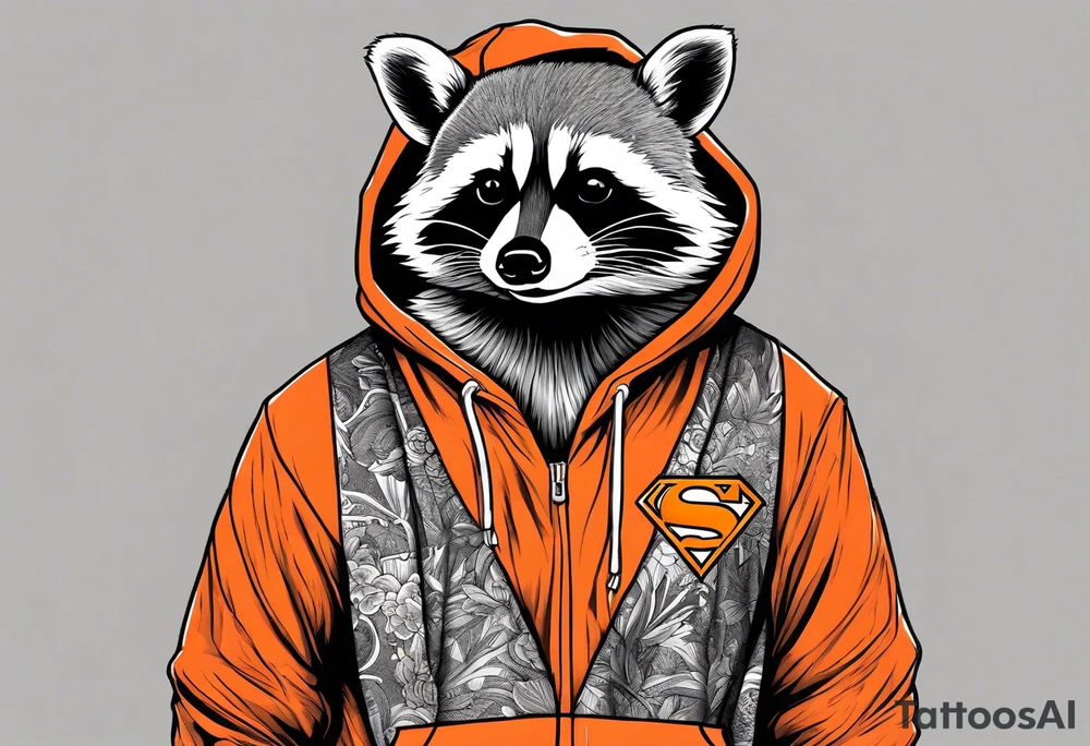 Raccoon wearing an orange Superman hoodie tattoo idea