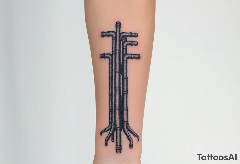 wide vertical System of thin pipes that transitions and transforms outwards of sides and end into thick, widespread 
veins of forearm tattoo idea