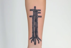 wide vertical System of thin pipes that transitions and transforms outwards of sides and end into thick, widespread 
veins of forearm tattoo idea