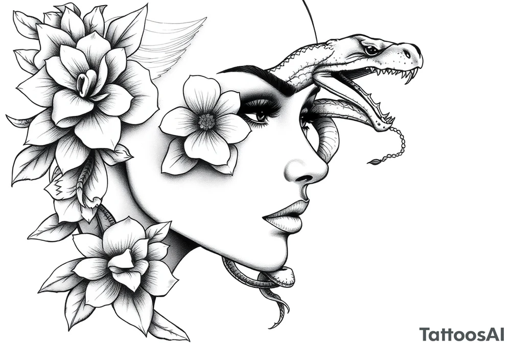 Powerful side profile woman’s face with flowers
And snakes heads tattoo idea