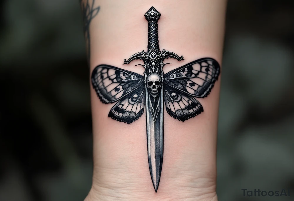 Dagger and Moth – A mystical dagger surrounded by a detailed black and gray moth, its wings featuring soft white highlights and subtle patterns resembling skulls. The dagger is dark silver with antique-style carvings. tattoo idea