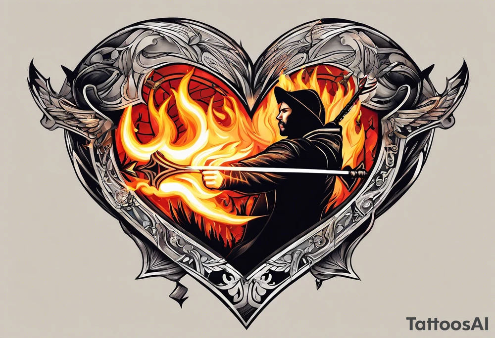 Heart on fire with an arrow shot through it. Showcasing things were difficult between me and my husband and how we are separating our paths tattoo idea