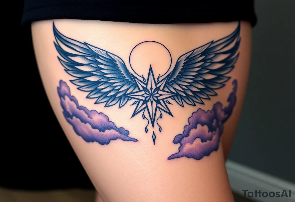 A celestial angel with dark wings and a radiant star in the center of its chest, surrounded by clouds of dark blue and deep purple. tattoo idea