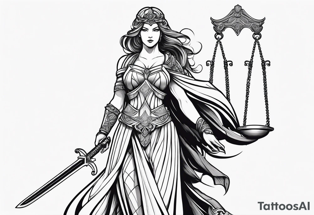 Nemesis, the goddess of justice, standing with sword and scale tattoo idea