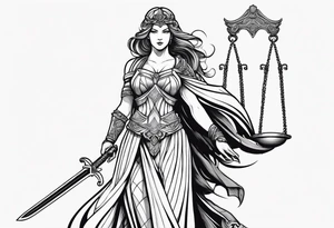 Nemesis, the goddess of justice, standing with sword and scale tattoo idea