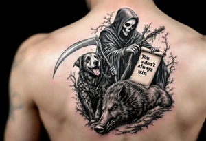 Grim reaper looking down on a hunting dog and big feral boar while holding a scythe and scroll. The scroll has the words “You dont always win” written on it tattoo idea