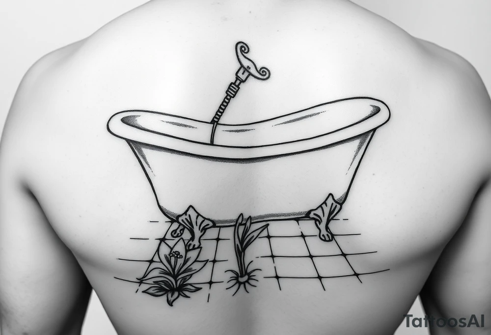clawfoot bathtub on a tile floor and lily coming up out the floor tattoo idea