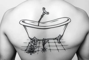 clawfoot bathtub on a tile floor and lily coming up out the floor tattoo idea