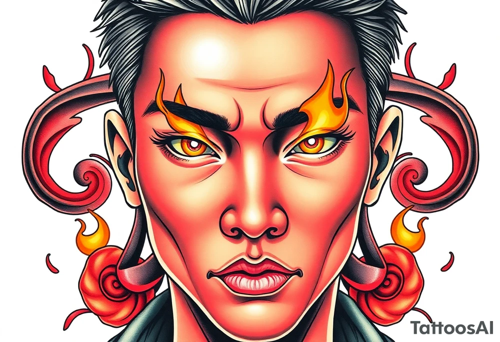 Handsome Asian young guy with burning eyes tattoo idea