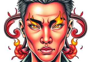Handsome Asian young guy with burning eyes tattoo idea