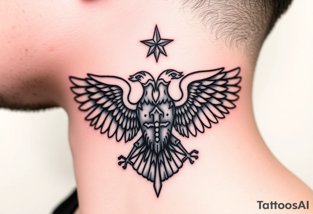 Double-headed eagle outline only (no shading) — suits neck skin which ages differently
Star above, small orthodox cross below tattoo idea