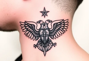Double-headed eagle outline only (no shading) — suits neck skin which ages differently
Star above, small orthodox cross below tattoo idea