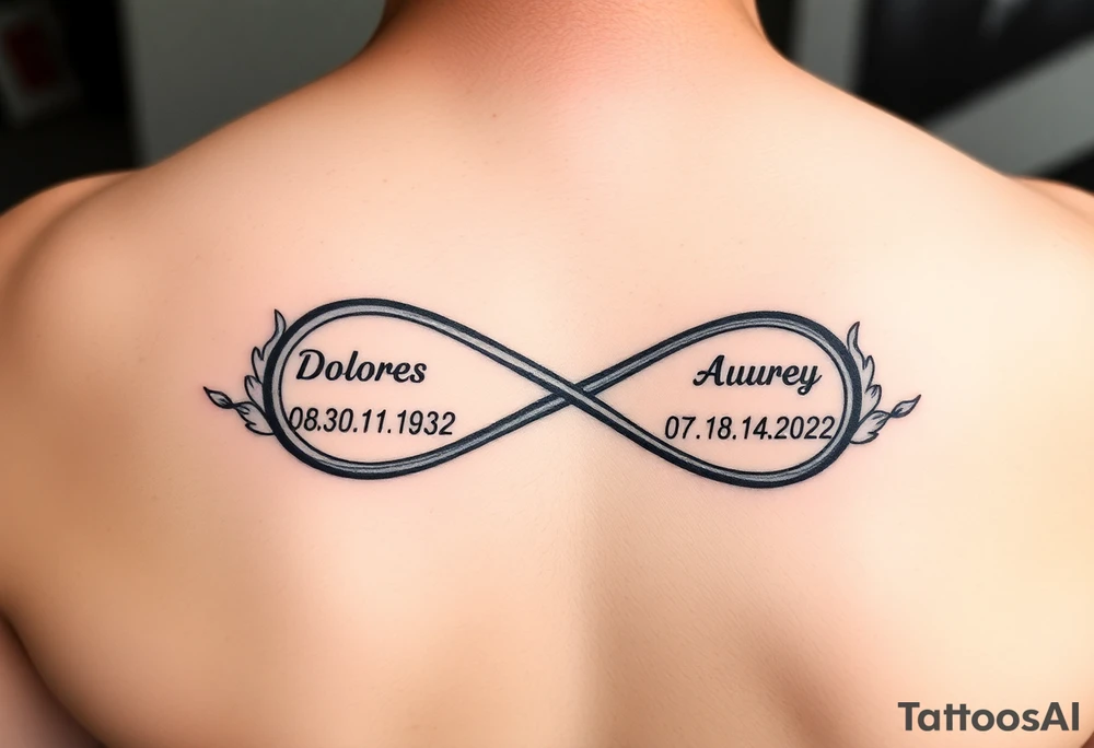 an infinity symbol with Dolores 08.30.1932 – 01.30.2022
Audrey 07.18.1935 – 08.21.2022 tattoo idea
