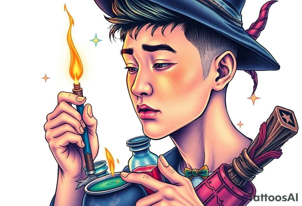 Handsome Asian young adult guy is  accidentally stumbled upon witch tools, supplies, artifacts, potions and exploring it curiously tattoo idea