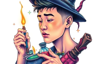 Handsome Asian young adult guy is  accidentally stumbled upon witch tools, supplies, artifacts, potions and exploring it curiously tattoo idea