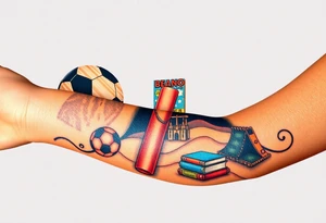Collage of childhood memories including a football, a cricket bat, the Beano comic, a sandcastle and a small pile of books. tattoo idea