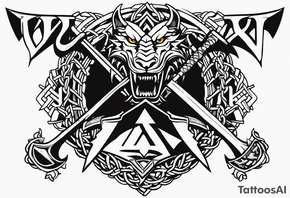 Valhalla sword shield dragon axe Valknut barbed wire chains tattoo idea