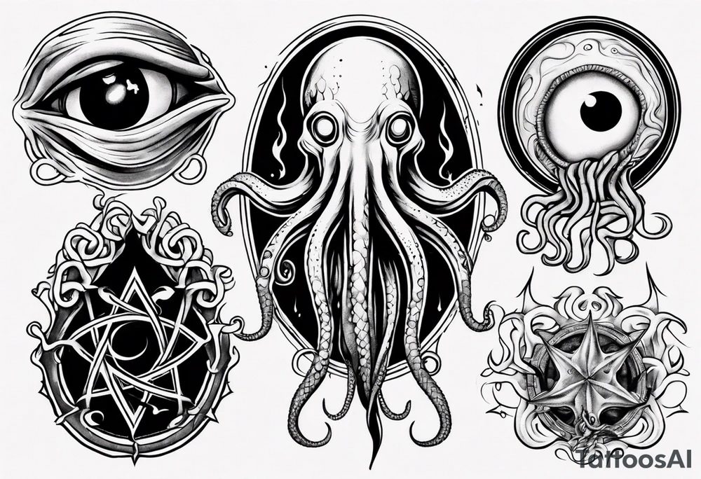 lovecraft long tattoo to put on the forearm, with eye and tentacle tattoo idea