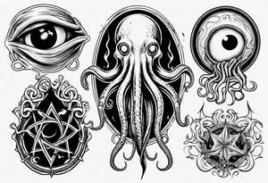 lovecraft long tattoo to put on the forearm, with eye and tentacle tattoo idea
