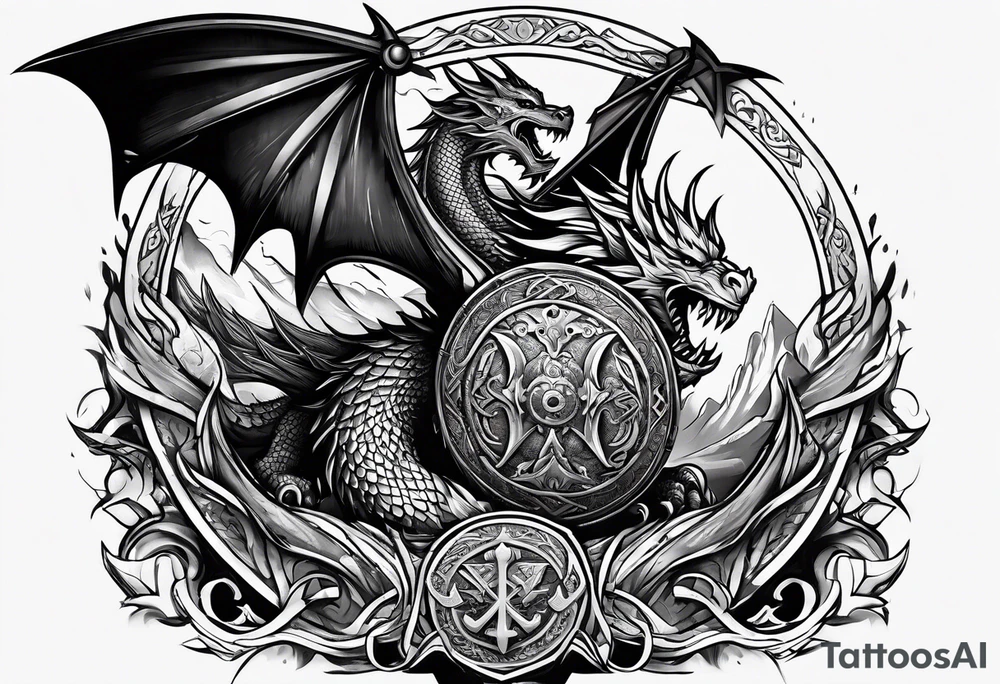 Valhalla sword shield dragon axe viking 
ship tattoo idea