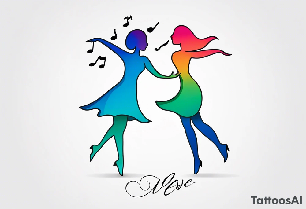 Music quarter notes connecting two dancing stick figures, symbolizing love of two daughters tattoo idea
