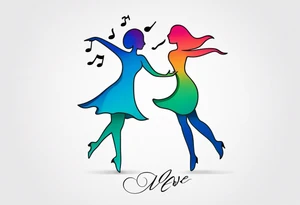 Music quarter notes connecting two dancing stick figures, symbolizing love of two daughters tattoo idea