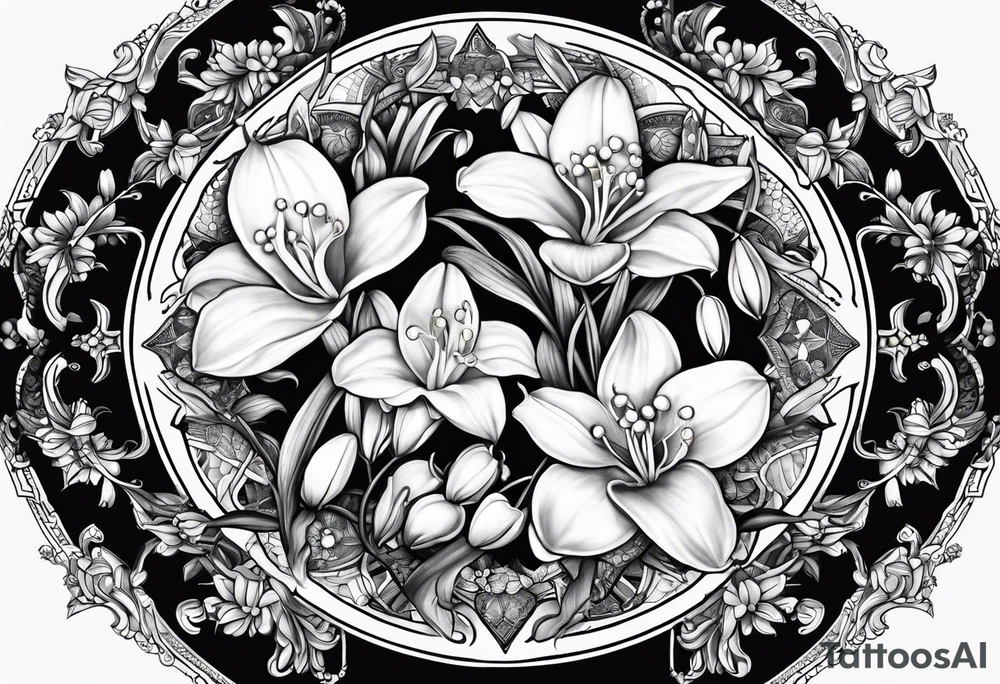 Honeysuckle lily of the valley orchid snapdragon mandala black tattoo design tattoo idea