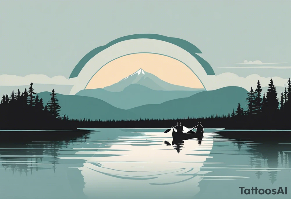 The tattoo design depicts a serene nature scene, framed within a semi-circular border. In the foreground, there are two people sitting in a canoe on a calm lake. They are paddling towards the horizon, with one person sitting at the back of the canoe and the other at the front. The back view of the people suggests a peaceful and contemplative moment shared between them.

In the background, there are majestic mountains with peaks covered in snow, creating a dramatic and picturesque landscape. The mountains are flanked by tall pine trees on either side, adding to the wilderness feel of the scene. Above the mountains, a large sun is either rising or setting, casting a tranquil glow over the entire scene. Birds are flying in the sky, adding to the sense of freedom and natural beauty.

The entire scene is rendered in a minimalist, black and white, line-drawing style, giving it a clean and elegant appearance. The semi-circular frame around the design focuses attention on the central elements and adds a sense of completeness to the image. tattoo idea