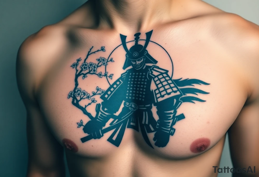noble samurai warrior silhouette at sunset with cherry blossoms tattoo idea