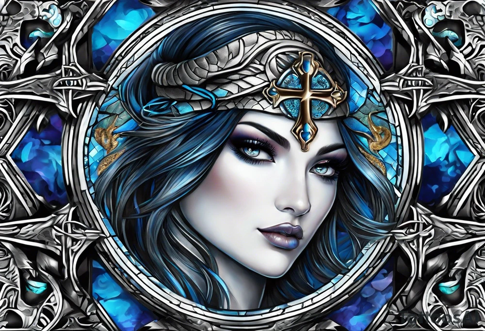 A cross with a viper around it, eyes are bright blue color, no peripherals, just cross and viper tattoo idea